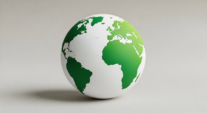 Vibrant green continents on a clean white globe symbolize global environmental sustainability and interconnectedness