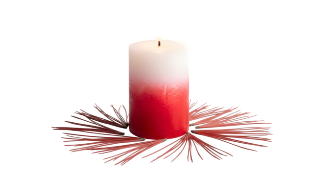 Red and white candle with pine needles  isolated on transparent background