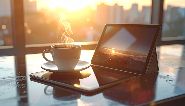 Morning Coffee and Digital Sunrise: A tranquil start to the day with a steaming cup of coffee, accompanied by digital devices bathed in the golden light of the sunrise.