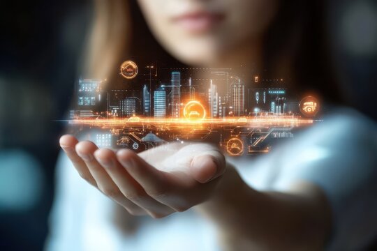 Machine learning engineer SD-WAN Cybersecurity training Smart factory Digital transformation IIoT Proptech Kolsquare ifree Akkio Hand of woman holding a hologram advanced transportation infrastructur