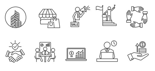  business icons collection includes corporation, marketing, sales, success, synergy, collaboration, meeting, profit, work, investment with thin lines and white background.