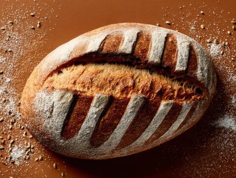 Freshly baked artisan bread with golden crust and perfect texture on brown surface