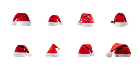 Set of  eight santa hats for christmas celebration  isolated on transparent background