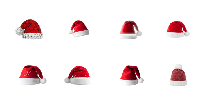 Collection of eight santa hats for christmas time  isolated on transparent background