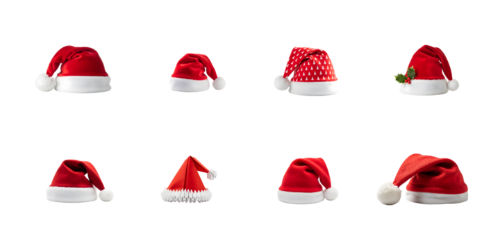 Set of  eight santa hats for christmas celebration  isolated on transparent background