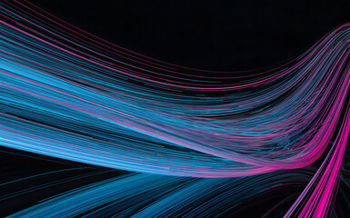 Abstract flowing lines of blue and pink light trails on a dark background, representing data streams, technology, and digital networks in motion