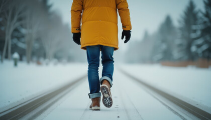 Person in a yellow coat walking on a snowy road with trees in the background on a winter day