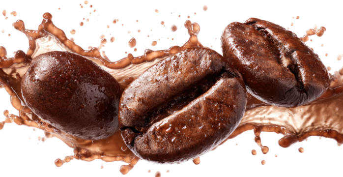 Three glistening coffee beans splash into liquid