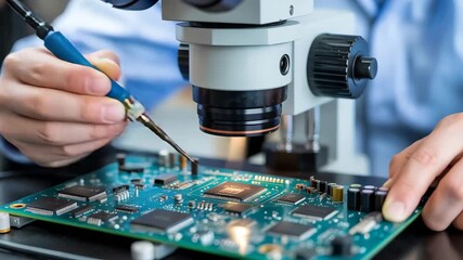 Closeup of a technician repairing a circuit board under a microscope, showcasing the intricate details of electronics and the precision of the repair process