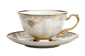 Elegant porcelain teacup and saucer with ornate gold floral detailing