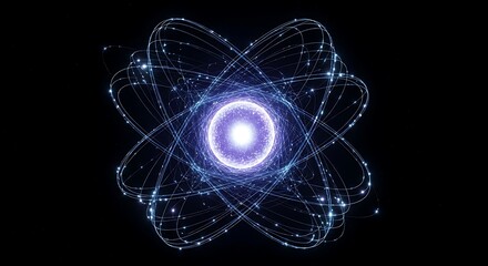 Mesmerizing atomic structure visualization with glowing nucleus and orbiting electrons, representing quantum physics, energy, and scientific discovery in a dark void.