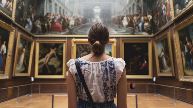 A young Caucasian woman with brown hair stands in an art gallery, observing classical paintings on the walls. The room is spacious and well-lit.
