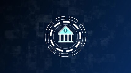 Digital bank building icon with dollar symbol inside a futuristic gear on a dark blue textured animated background. Futuristic gear holds digital bank and dollar icon, creating sleek animation.