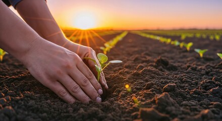 Fototapeta premium Gardener Planting Seedlings in Soil at Sunrise on Farm Land
