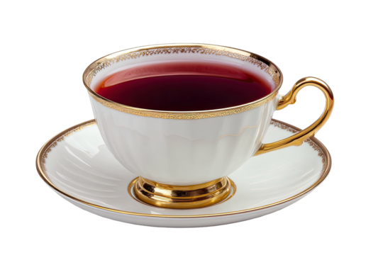 Elegant white teacup filled with dark red liquid, gold trim