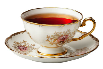 Elegant porcelain teacup filled with dark amber liquid, gold trim