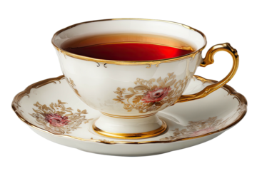 Elegant porcelain teacup filled with dark amber liquid, gold trim