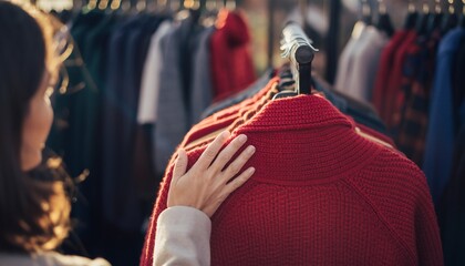 Customer examining luxurious red knitted sweater texture while browsing fashion boutique clothing rack