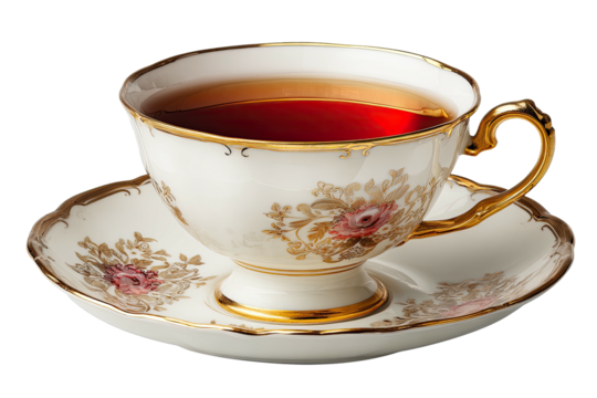 Elegant porcelain teacup filled with dark amber liquid, gold trim