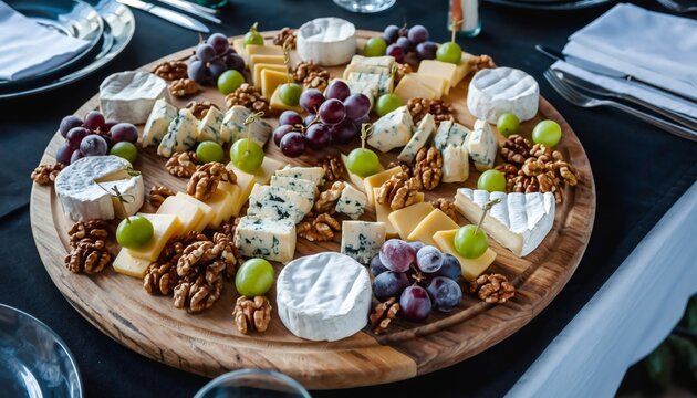 Artisan cheese board featuring premium varieties with fresh grapes and walnuts on rustic wooden platter for elegant dining - Powered by Adobe