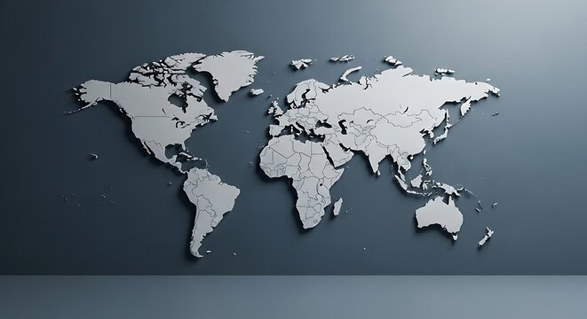 Sleek 3D world map projection with detailed country borders, perfect for global business and travel presentations.