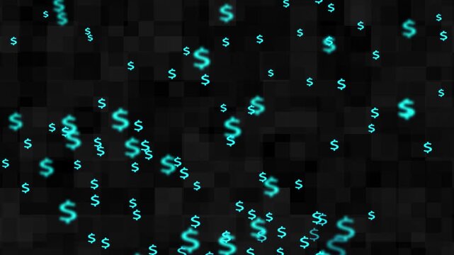 Scattered glowing cyan dollar signs on a dark, pix elated animated background money currency. cyan dollar signs move dynamically over dark pix elated background, creating sleek animation for money.