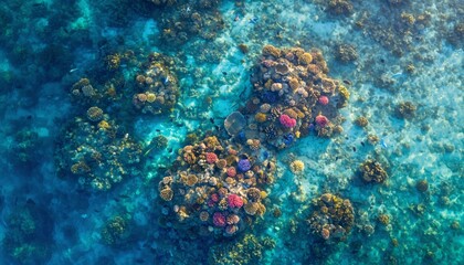 Breathtaking aerial perspective reveals pristine coral reef formations flourishing in crystal clear tropical waters