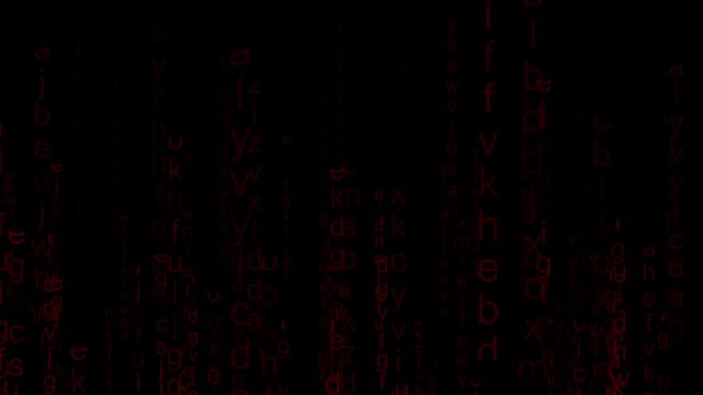 Abstract animated Background of Falling Red Letters and Symbols on Black, Dynamic red letters and symbols drop across black background, highlighting digital abstraction, motion graphics.