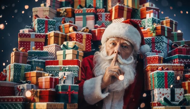 Mischievous Santa Claus making shush gesture while hiding behind towering mountain of wrapped Christmas presents with twinkling lights