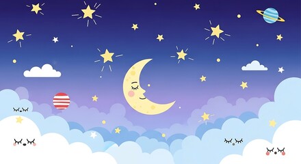 Cartoon night sky with smiling moon stars clouds and planets vector illustration
