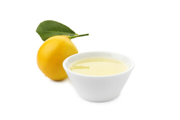 Fresh lemon juice in bowl and fruit isolated on white