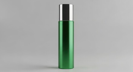 Green metallic cosmetic spray bottle with silver cap isolated PNG with Transparent Background