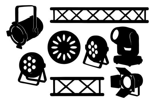 Silhouette set of stage lighting equipment and truss elements for events.