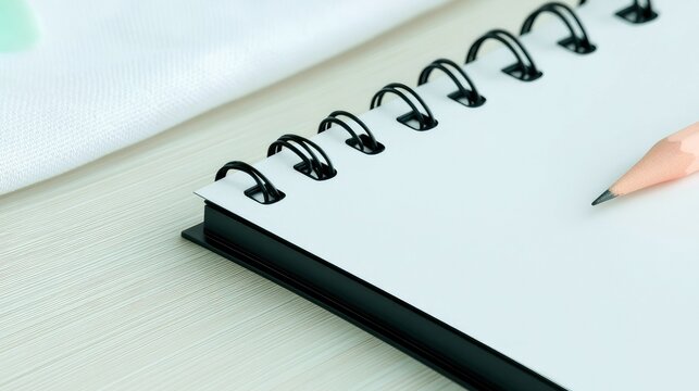 A blank spiral-bound notebook lies open on a light wooden surface, with a sharpened pencil resting on its pages.
