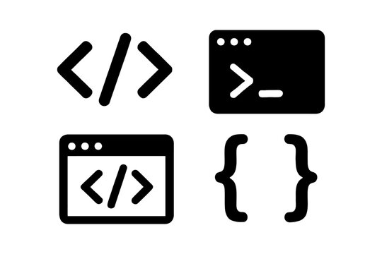 Programming symbols: code tags, terminal window, curly braces icons.