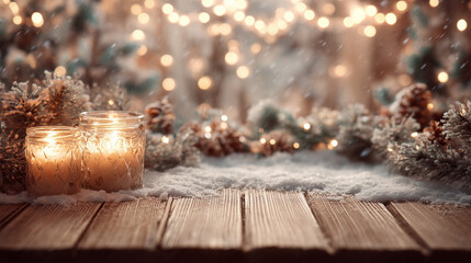 cozy christmas scene background, candlelight glow, soft snow, wooden texture, festive garlands around borders, center kept empty for slide text, soft focus