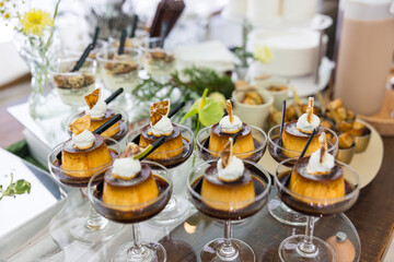 Delicious pudding served for buffet meal