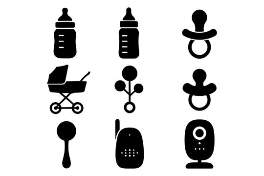Baby essentials icons: bottles, pacifiers, stroller, rattle, spoon, monitor, camera.