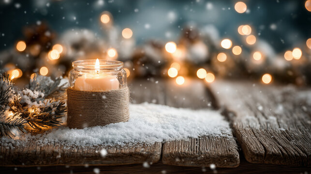 cozy christmas scene background, candlelight glow, soft snow, wooden texture, festive garlands around borders, center kept empty for slide text, soft focus