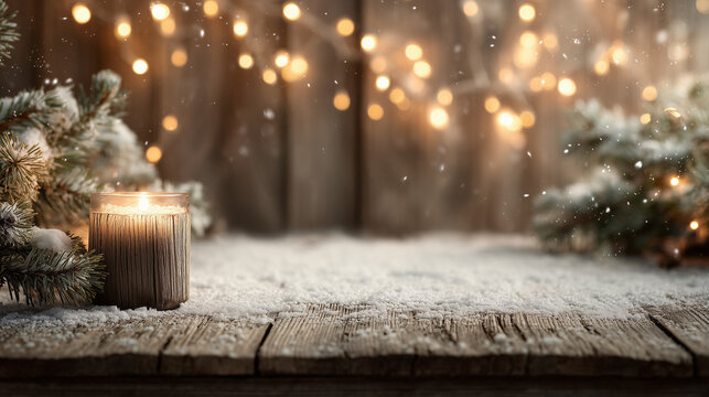 cozy christmas scene background, candlelight glow, soft snow, wooden texture, festive garlands around borders, center kept empty for slide text, soft focus