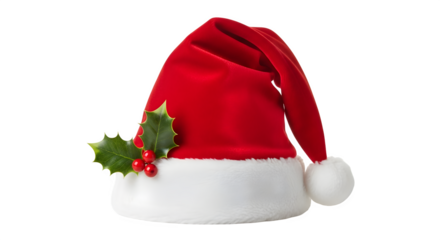Red santa hat with holly berry for christmas isolated on transparent background