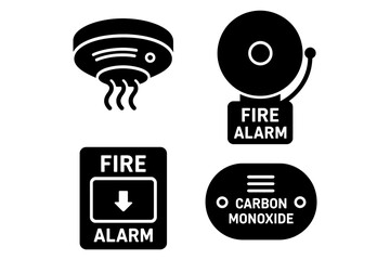 Fire and gas safety icons: smoke detector, fire alarm, and carbon monoxide signage.