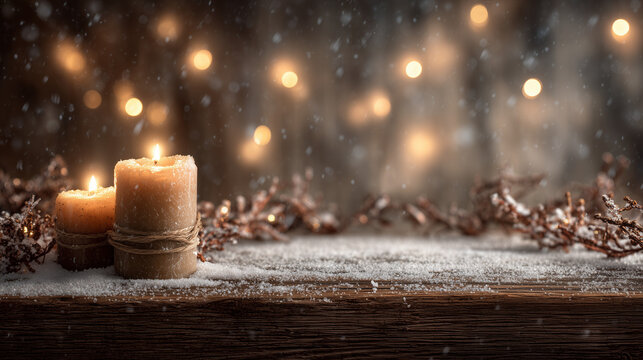 cozy christmas scene background, candlelight glow, soft snow, wooden texture, festive garlands around borders, center kept empty for slide text, soft focus