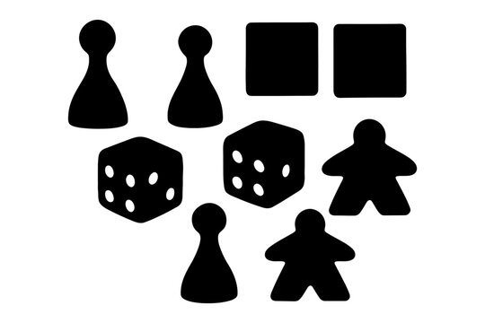 Black silhouettes of board game pieces and dice on white background.