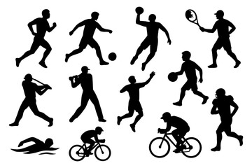 Silhouettes of athletes playing various sports - icons of dynamic physical activity.