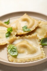 Delicious ravioli with basil on light table, closeup