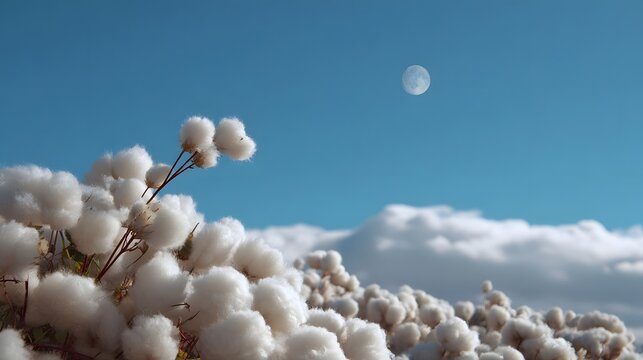 Fluffy white cotton bolls in a field under a clear blue sky with clouds and the moon - Powered by Adobe