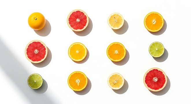 Assortment of fresh citrus fruit slices arranged on a white background