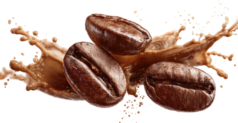 Rich coffee beans splash into creamy liquid