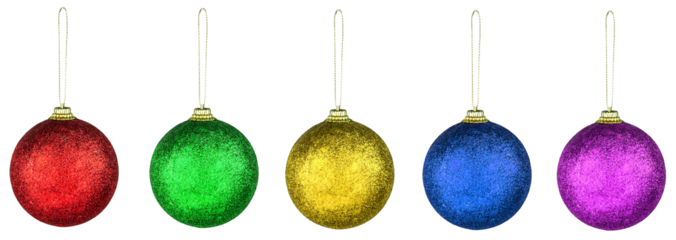 A set of five isolated colorful glitter christmas ball ornaments. For holiday designs, templates, web banners, and seasonal marketing materials.